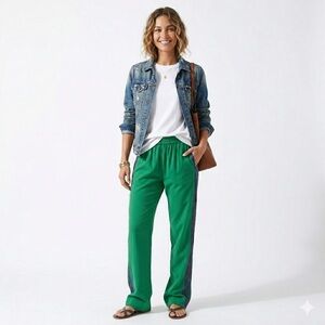 Rachel Zoe Green Wide-Leg Linen Blend Pants with Patterned Stripe Women’s Large